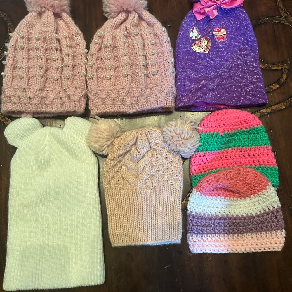 Lot of 7 Girls Winter Hats JOJO SIWA , Beanie Pink Pearls & Rhinestones
